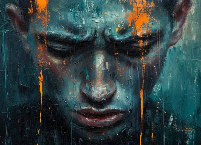 sad crying man in dark colors